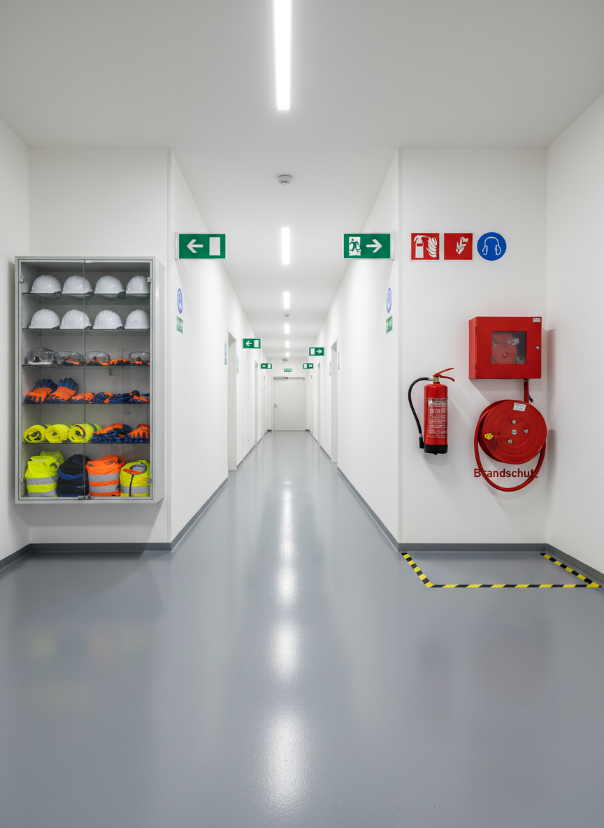 A spotless industrial corridor with grey epoxy-coated floors and white walls, lined with clearly marked safety signage, emergency exit arrows, and a prominently displayed wall-mounted fire extinguisher station and fire hose reel. On one side, a glass-fronted cabinet showcases neatly arranged personal protective equipment: helmets, safety goggles, gloves, and high-visibility vests, all folded and stored meticulously. Overhead LED strip lighting casts bright, even illumination, enhancing the clarity of every sign and marking, creating a sense of order and preparedness. Photographic realism, shot at eye level with strong linear perspective leading the viewer’s eye down the corridor, evoking trust, compliance, and the effectiveness of structured HSE and brandschutz measures.