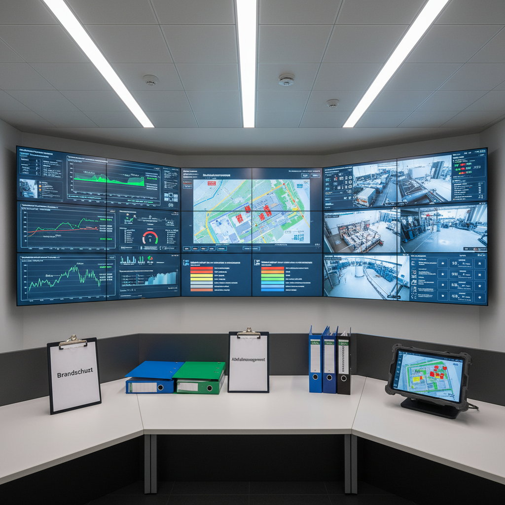 A well-organized safety control room in photographic realism, centered around multiple wall-mounted monitors displaying environmental metrics, emissions graphs, and risk assessment matrices for an industrial facility. Below the screens, a clean console desk holds neatly arranged clipboards marked with Brandschutz, Abfallmanagement, and Gefahrstoffmanagement checklists, alongside color-coded binders and a digital tablet showing a site layout with hazard zones. The room is lit by cool, even LED ceiling lights that create minimal shadows and a focused, analytical atmosphere. Captured from a slightly elevated, wide-angle perspective with sharp detail throughout, the composition emphasizes structure, transparency, and professional oversight in a modern, high-tech environment.